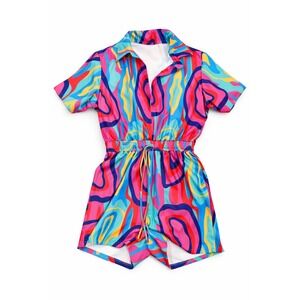 Women Abstract Maximalist Short Sleeve Collared Romper Drawstring Waist Dopamine